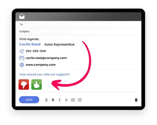 A mockup of a tablet with a email signature on the screen. An arrow pointing towards rating buttons