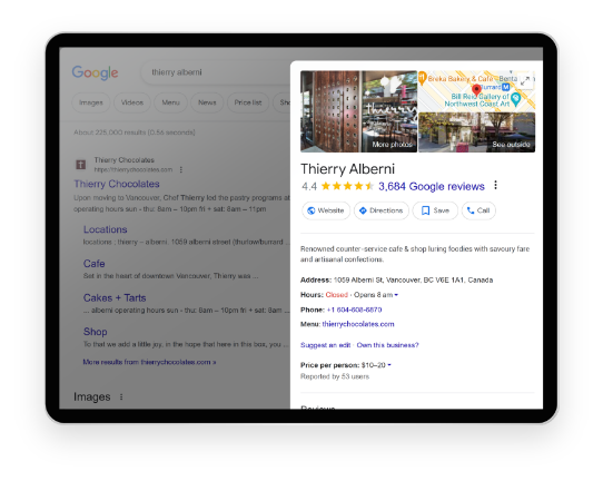 A mockup of a tablet with a Google Business page on the screen